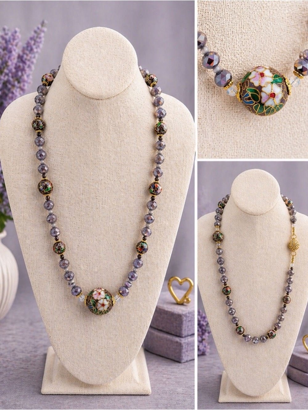 Vintage Cloisonné Floral Gray Bead Necklace -